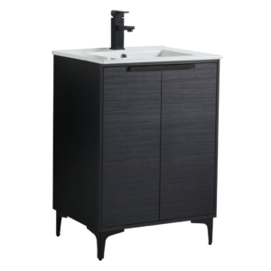 Check out the Wilmington 24 Inch Bathroom Vanity With Sink: This modern design features a sleek black wood finish and a white ceramic sink. It includes two cabinet doors, a black faucet, and slender legs for a contemporary look.