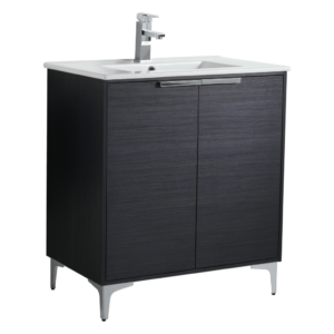 The Wilmington 30 Inch Bathroom Vanity With Sink offers a modern design, featuring dark wood finish, sleek metal legs, a white rectangular sink, an angular metallic faucet, and two doors with a horizontal handle across the top.