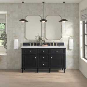 A modern bathroom with the Lorelai 60 inch Double Bathroom Vanity in black, white countertop, dual rectangular mirrors, pendant lights, light tiled walls, wood floor, Roman shade windows, and towels hanging by the vanity.