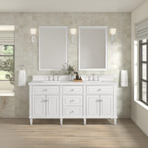 A bright bathroom features the Lorelai 72 inch Double Bathroom Vanity with two mirrors, wall sconces, white towels on rings, a flower vase, and a large window that fills the wood floors and tiled walls with natural light.