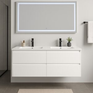A modern bathroom with a floating white double vanity, two black faucets, a small potted plant, a large backlit mirror, and a towel hanging on a black rod on a light-colored wall.