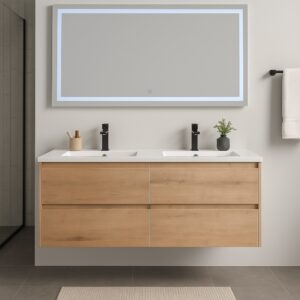 A modern bathroom with a floating wooden double-sink vanity, a large rectangular mirror with backlighting, black faucets, a small plant, toiletries, and a towel hanging on the right wall.