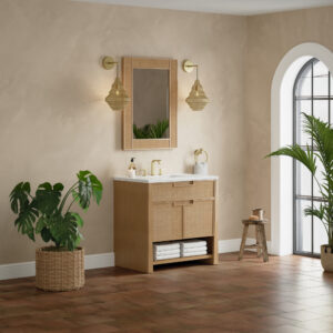 A modern bathroom showcases the Solene 36 inch Bathroom Vanity Cabinet with a rectangular mirror, gold fixtures, wall sconces, a monstera plant, wooden stool, stacked towels, and an arched window flooding the space with natural light.