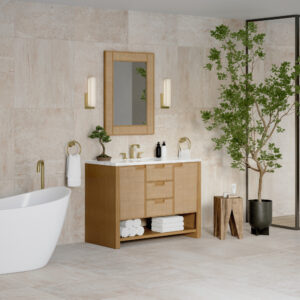 Modern bathroom with a freestanding white tub, Solene 48 inch Single Bathroom Vanity Cabinet with towels and toiletries, a mirror, wall sconces, bonsai tree, large potted plant, and light beige tiled walls and floor.