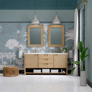A stylish bathroom with a Solene 72 inch Double Bathroom Vanity Cabinet featuring rattan fronts, two rectangular mirrors, pendant lights, tropical wallpaper, plants, a wicker stool, and rolled towels on the vanity’s lower shelf.