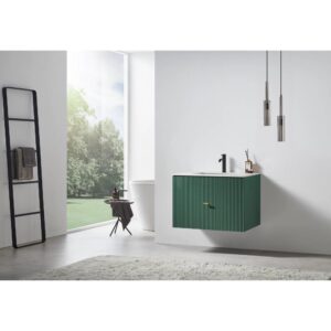 Modern bathroom featuring the Barcelona 30 Inch Wall Mount Bathroom Vanity in green, black faucet, pendant lights, ladder towel rack, round bathtub, side table, and large window with tranquil tree views. Light minimalist décor.