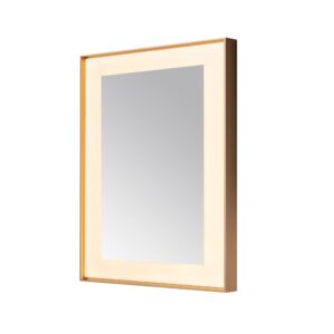 The Lexington 30 inch x 36 inch LED Lighted Slim Frame Mirror features built-in lighting and a rectangular gold frame, displayed at an angle against a white background.