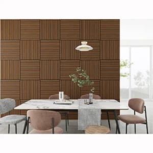Modern dining area with a marble table, mismatched upholstered chairs, and a checkered runner. Behind is a feature wall clad in Acoustic Interior Wall Panels with square wood details, vertical slats, and large windows for natural light.