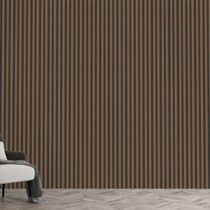 A modern interior showcases a 3D Interior Wall Panel with brown and black stripes, a white and gray armchair draped with a blanket, a gold floor lamp, and sheer gray curtains on the window letting in natural light.