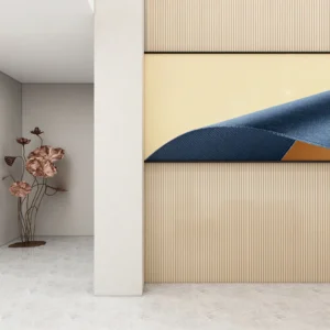 A modern interior with light walls and floors features a large abstract artwork on the left, a decorative metal flower sculpture in the corner, and another abstract piece mounted on a 3D Interior Wall Panel.