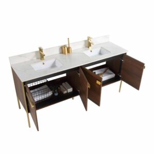 The Oakville 72 inch Modern Bathroom Vanity features a white countertop, gold faucets, and double sinks. Its open wooden cabinets display shelves stocked with towels, baskets, and toiletries for organized bathroom storage.