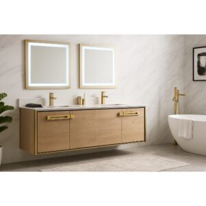 A modern bathroom with an Oakville 72 inch Modern Bathroom Vanity, gold fixtures, two square mirrors, a freestanding tub, light marble walls, a gray rug on the floor, and a framed picture on the wall.