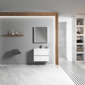 Minimalist bathroom with a gray accent wall, floating Valencia 30 inch Wall Mount Vanity With Sink and mirrored cabinet, modern gray chair, wooden shelf with decor, marble flooring, open shelves, and a striped shower area on the right.