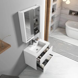 A modern bathroom with a Valencia 30 inch Wall Mount Vanity With Sink, open drawer and mirror cabinet displaying toiletries. Sleek marble floors and walls enhance the space, with a bathtub visible in the background.