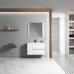 Minimalist bathroom with gray walls, the Valencia 36 inch Wall Mount Vanity With Sink, a square mirror, a decor shelf, a modern gray stool, marble floors, and a shower featuring vertical black-and-white striped tiles.