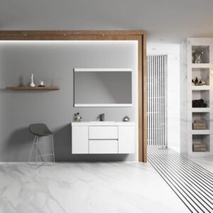 Modern bathroom with a floating Valencia 48 inch Wall Mount Vanity With Sink, large mirror, gray accent wall, wooden decor shelf, gray stool, marble floors and walls, open shelving, and black-tiled shower.