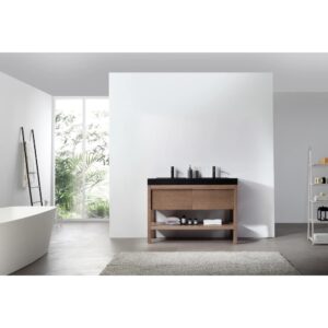 A modern bathroom features a freestanding tub, Bibury 48 Inch Double Bathroom Vanity with Top, ladder towel rack, open shelving stocked with toiletries, and a large window allowing in natural light.