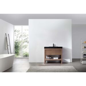 Minimalist bathroom featuring a freestanding bathtub, a Bibury 36 Inch Bathroom Vanity with Top and black sink, ladder-style towel rack, toiletries shelf, large window overlooking greenery, and a light gray rug on the floor.