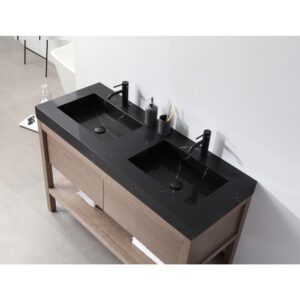 The Bibury 48 Inch Double Bathroom Vanity with Top features a modern black double sink countertop, two sleek black faucets, and wooden cabinetry. Toothbrushes and soap dispensers rest on the counter, completing the minimal look.