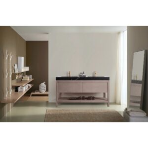 Modern bathroom featuring the Bibury 60 Inch Double Bathroom Vanity with Top, black countertop, and gold faucets. Open shelves with decor, a standing mirror, beige rug, and a window with sheer curtains invite soft natural light.