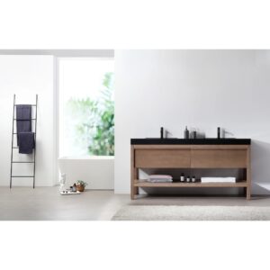 Minimalist bathroom with a Bibury 72 Inch Double Bathroom Vanity with Top, black countertop, and open shelving. A ladder towel rack stands by a large window overlooking greenery. Neutral tones complete the clean, modern look.