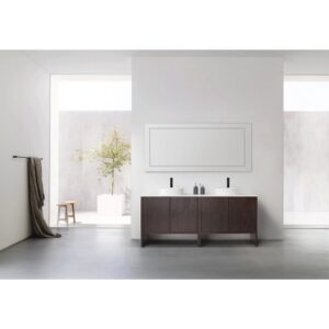 A modern, minimalistic bathroom features a Celle 72 Inch Double Bathroom Vanity With Vessel Sinks, a large mirror, and simple decor. A towel hangs on the left wall; outside the big window sits a potted tree and stool. The space is bright and airy.
