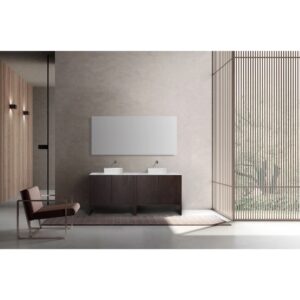 Minimalist bathroom with a Celle 72 Inch Double Bathroom Vanity With Vessel Sinks, large rectangular mirror, and brown armchair. Natural light streams through vertical wooden slats, highlighting the neutral-toned modern space.