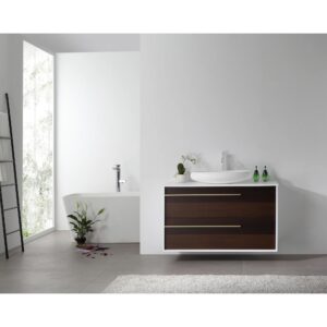 Modern minimalist bathroom with a freestanding bathtub, Goreme 42 Inch Wall Mount Bathroom Vanity With Vessel Sink and dark wood drawers, orchid plant, glass bottles, large window for natural light, and a green plant near the tub.