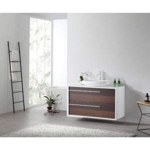 Minimalist bathroom with a Goreme 42 Inch Wall Mount Bathroom Vanity With Vessel Sink, wood drawers, potted plants, ladder-style towel rack, large window, white walls, and a textured rug on the floor.