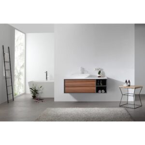 Minimalist bathroom with a freestanding tub, Goreme 48 Inch Wall Mount Bathroom Vanity With Vessel Sink, modern faucet, small table, ladder towel rack, potted plant, and gray rug on a light floor filled with natural light.