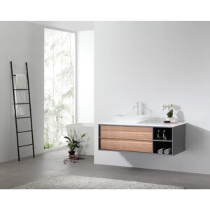 Modern minimalist bathroom with a Goreme 48 Inch Wall Mount Bathroom Vanity With Vessel Sink, wood drawers, open shelves for towels and decor, a freestanding tub, ladder towel rack, and large window filling the space with natural light.