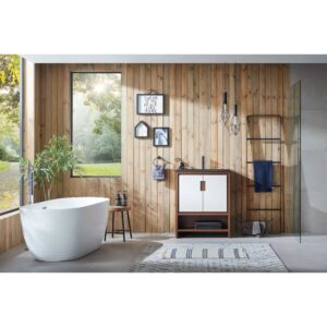 Modern bathroom featuring a freestanding white tub, wooden accent wall, large window, Lyon 30 Inch Bathroom Vanity with Top, hanging lights, towel rack, and an indoor plant placed beside the tub.