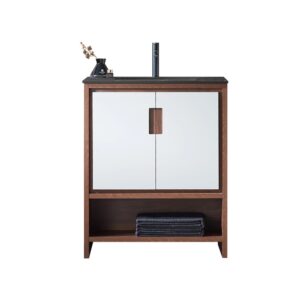 The Lyon 30 Inch Bathroom Vanity with Top offers a dark wood frame, mirrored doors, an open towel shelf, and a sleek black countertop with a cylindrical faucet and decorative vase.