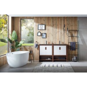 Modern bathroom with a freestanding white tub, wood-paneled walls, large windows, plant, pendant lights, and gray rug on tile floor features the stylish Lyon 60 Inch Double Bathroom Vanity with Top.