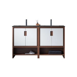 The Lyon 60 Inch Double Bathroom Vanity with Top features two sinks, white cabinet doors, a dark brown wooden frame, open lower shelves with folded towels, and a small toiletries tray on top, set against a white background.