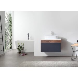 Modern minimalist bathroom with a freestanding white bathtub, Ronda 30 Inch Wall Mount Bathroom Vanity With Vessel Sink in wood and dark gray, potted plant, small ladder, light rug, and a large window for natural light.