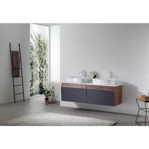 A modern minimalist bathroom showcases the Ronda 55 Inch Wall Mount Vanity with Double Vessel Sinks, dark lower cabinets, a ladder-style towel rack, large window with views of greenery, and a light rug on a sleek gray floor.