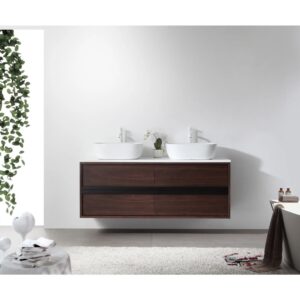 Modern bathroom featuring a Sintra 55 Inch Wall Mount Vanity with Double Vessel Sinks, white faucets, a light rug, and green vines draping the left side of a crisp white wall.