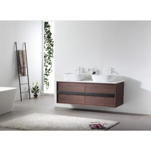 A modern bathroom includes the Sintra 55 Inch Wall Mount Vanity with Double Vessel Sinks, a white tub, ladder towel rack, textured rug, and a vertical window with outdoor greenery.