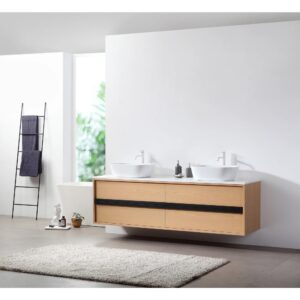 Modern bathroom with the Sintra 72 Inch Wall Mount Vanity with Double Vessel Sinks and large mirror. A ladder-style towel rack is beside the freestanding tub, soft beige rug on the floor, and sunlight streams through the window.