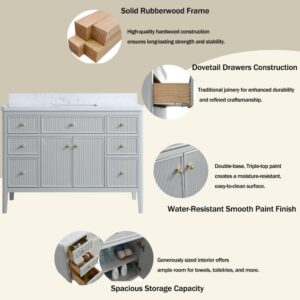 Infographic featuring the Aveline 48 Inch Freestanding Bathroom Vanity With Top in gray and gold, with four inset images showing its solid rubberwood frame, dovetail drawers, water-resistant finish, and spacious storage.