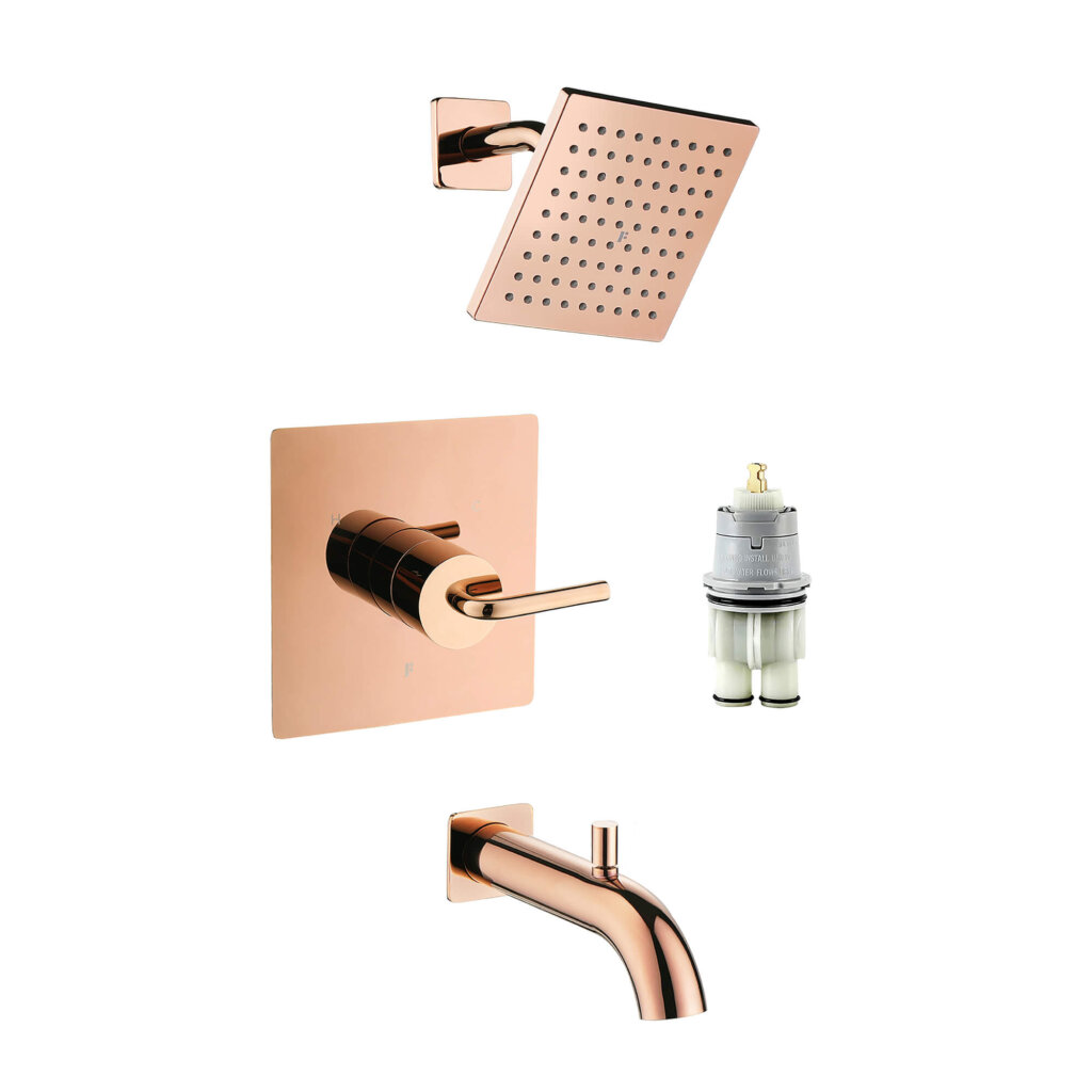 A rose gold GeoFlow Square Shower System bathroom set with a square shower head, wall-mounted control lever on a square plate, bathtub spout, and separate white and silver valve cartridge, all displayed on a white background.
