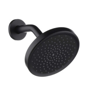 The GeoFlow Round Shower System features a matte black, round showerhead with multiple small nozzles and a short, curved wall-mounted arm for a modern, minimalistic look.