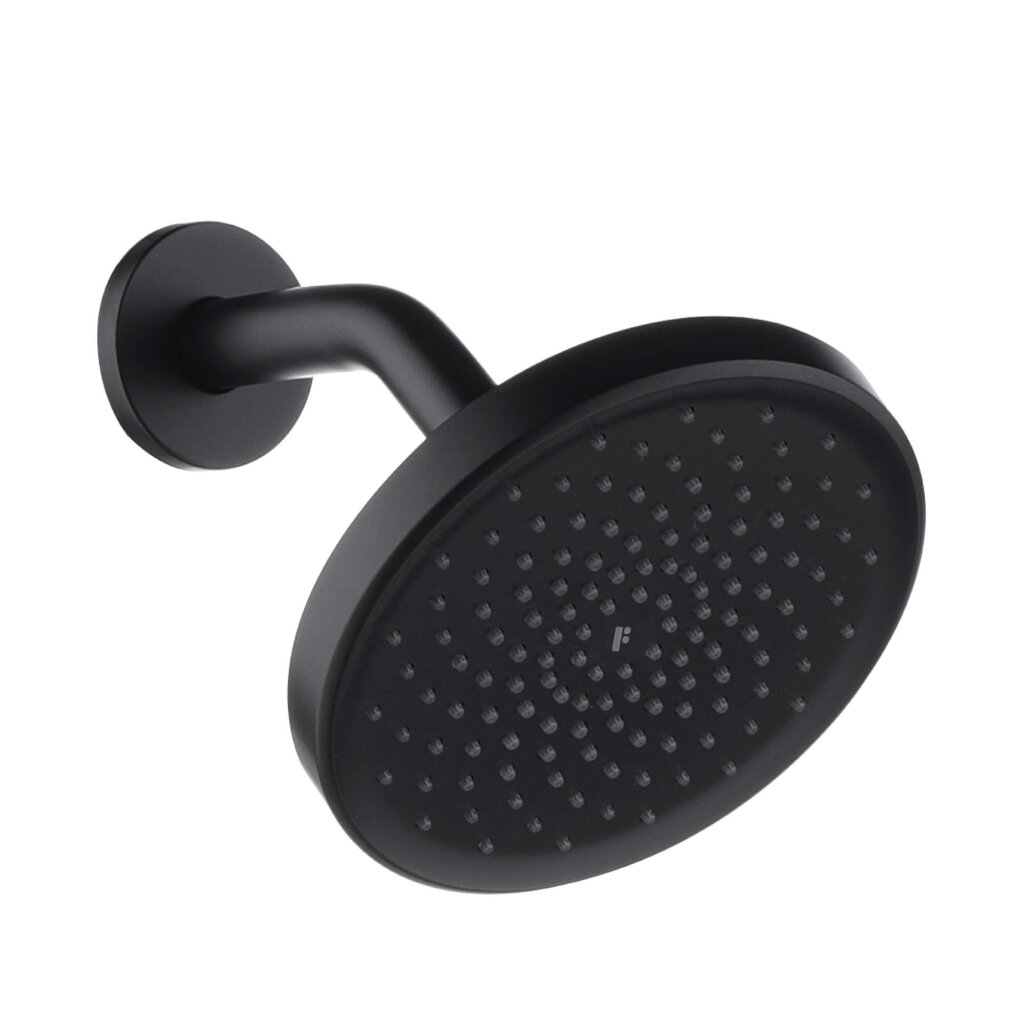 The GeoFlow Round Shower System features a matte black, round showerhead with multiple small nozzles and a short, curved wall-mounted arm for a modern, minimalistic look.