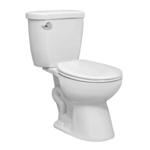 A white, standard two-piece toilet with a closed lid and a tank featuring a silver flush handle on the left side. The toilet is clean and sits against a plain white background.