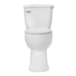 A Pureflow Two Piece Elongated Toilet with a white ceramic finish, closed lid, silver left-side flush handle, and a simple modern design is shown against a plain background.