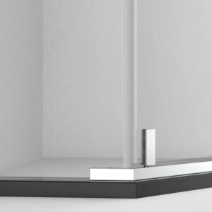 A close-up view of the Maggie Neo Angle Hinged Shower Door featuring a metal hinge and black shower base, set against light-colored walls.
