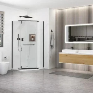 Modern bathroom with a Maggie Neo Angle Hinged Shower Door, wall-mounted black fixtures, floating wood vanity with double sinks, illuminated mirror, vertical wood panel accent wall, toilet, towel, and gray floor tiles.