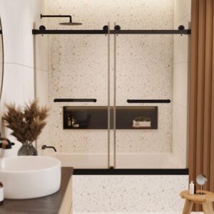 Modern bathroom with terrazzo walls, a Tub Door Double Sliding Frameless shower featuring black hardware, a built-in shelf displaying decor, a round white sink, and wooden accents like a plant-adorned stool.