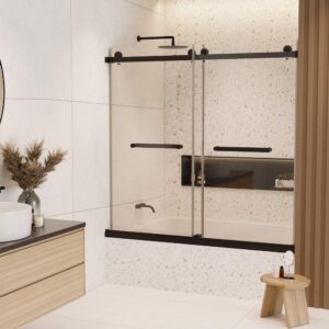Modern bathroom featuring the Tub Door Double Sliding Frameless, matte black fixtures, a wooden vanity with vessel sink, round mirror, and a small wooden stool with decor beside the tub.